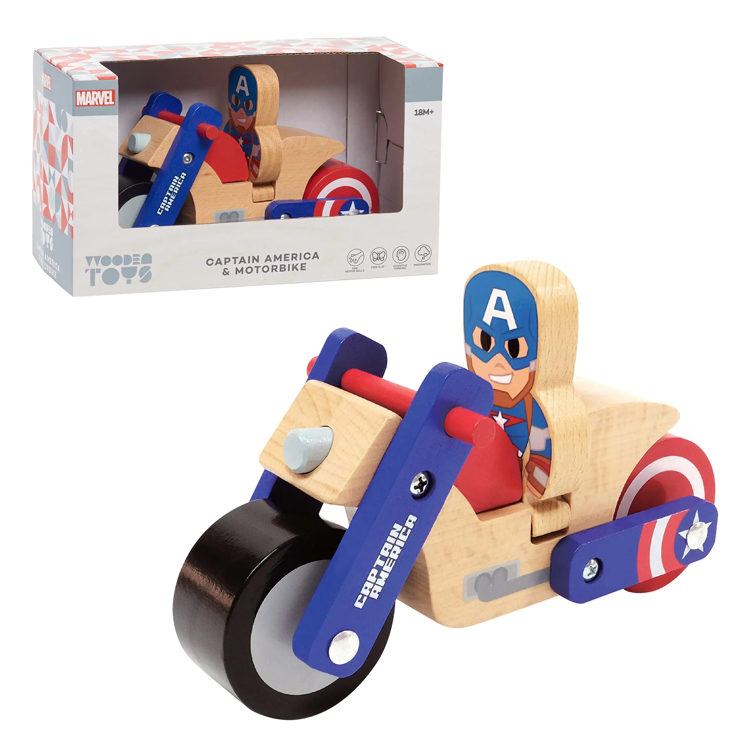 Disney Wooden Toys Just Play Captain America and Motorcycle Figure and Vehicle Officially Licensed Kids Toys for Ages 18 Month Amazon Exclusive