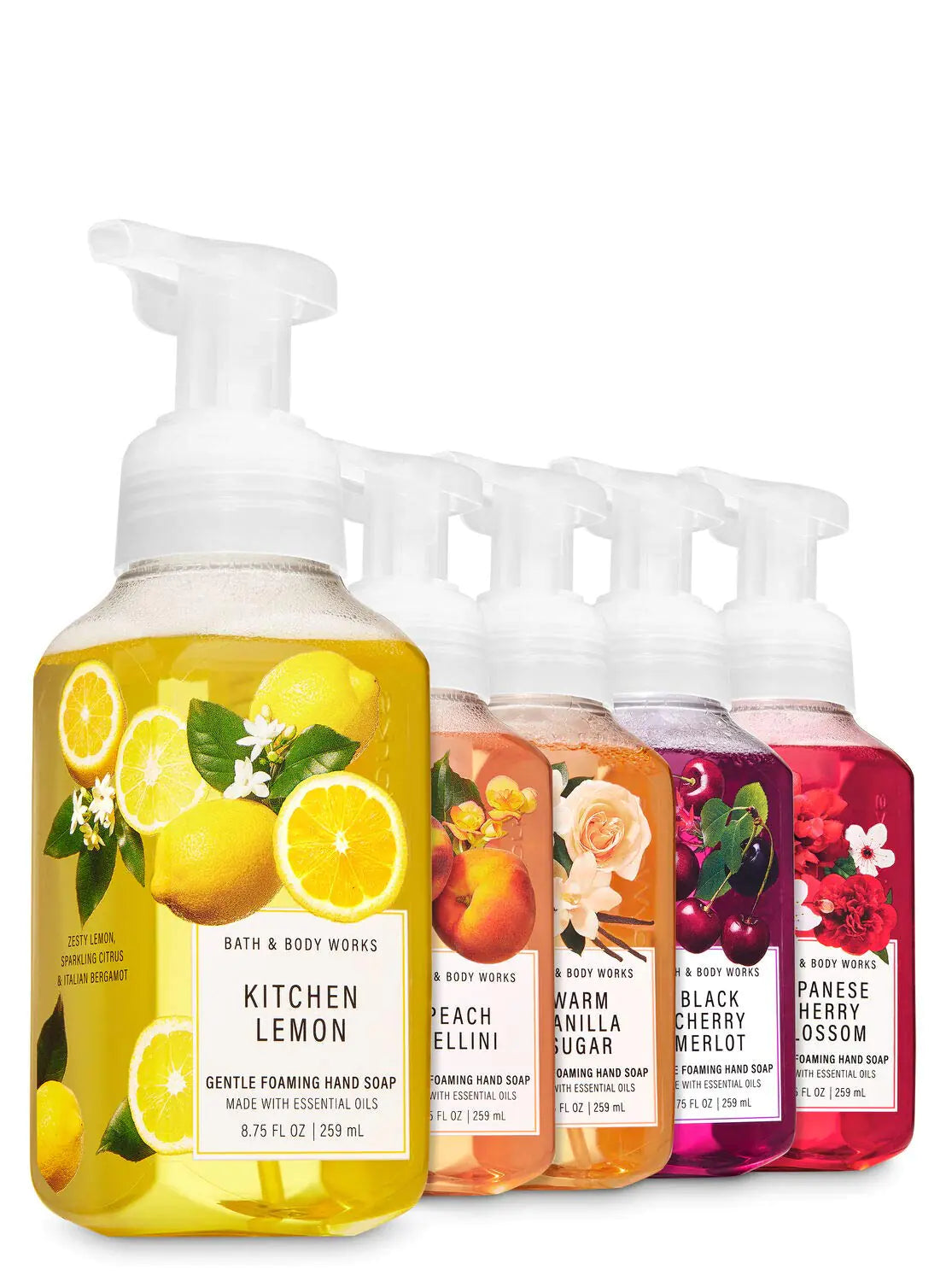 Bath and Body Works Fall Loves 2020 - Set of 5 Foaming Hand Soaps - Kitchen Lemon Peach Bellini Warm Vanilla Sugar Black Cherry Merlot Japanese Cherry Blossom…